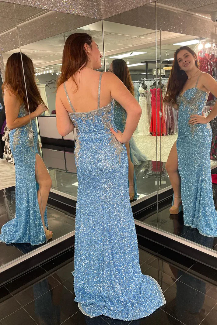 Spaghetti Straps Sequins Sweetheart Mermaid Long Prom Dresses With Slit